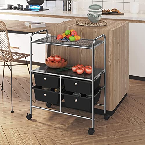 Yaheetech Rolling Storage Cart with 4 Drawers 2 Shelves Plastic Trolley on Wheels for Home Office School Beauty Salon, Black