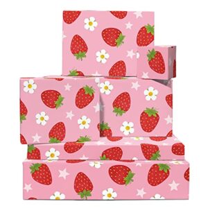 CENTRAL 23 Baby Shower Wrapping Paper for Girl - 6 Sheets of Pink Gift Wrap - Strawberry Flowers Star - Birthday Wrapping Paper for Girls - Comes with Fun Sticker
