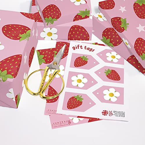 CENTRAL 23 Baby Shower Wrapping Paper for Girl - 6 Sheets of Pink Gift Wrap - Strawberry Flowers Star - Birthday Wrapping Paper for Girls - Comes with Fun Sticker