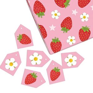 CENTRAL 23 Baby Shower Wrapping Paper for Girl - 6 Sheets of Pink Gift Wrap - Strawberry Flowers Star - Birthday Wrapping Paper for Girls - Comes with Fun Sticker