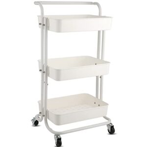 bathwa 3-tier rolling utility cart storage shelves multifunction storage trolley service cart with mesh basket handles and wheels easy assembly for bathroom, kitchen, office(white)
