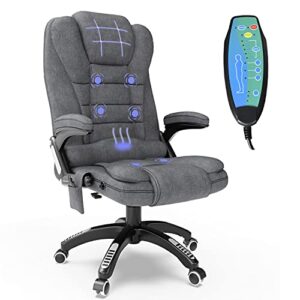 ergonomic massage office chair with heated, linen fabric high back executive 6 pointed vibrating computer gaming chair with lumbar support, adjustable back recline swivel 360° desk chair, grey