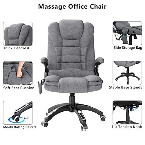 Ergonomic Massage Office Chair with Heated, Linen Fabric High Back Executive 6 Pointed Vibrating Computer Gaming Chair with Lumbar Support, Adjustable Back Recline Swivel 360° Desk Chair, Grey