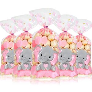 100 pieces baby shower cellophane treat bags cute candy bags baby shower favors gender reveal plastic goodie storage bags with 100 twist ties for baby shower birthday party supplies (pink)