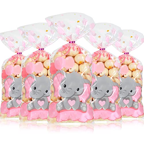 100 Pieces Baby Shower Cellophane Treat Bags Cute Candy Bags Baby Shower Favors Gender Reveal Plastic Goodie Storage Bags with 100 Twist Ties for Baby Shower Birthday Party Supplies (Pink)