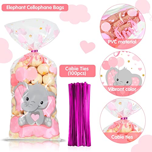 100 Pieces Baby Shower Cellophane Treat Bags Cute Candy Bags Baby Shower Favors Gender Reveal Plastic Goodie Storage Bags with 100 Twist Ties for Baby Shower Birthday Party Supplies (Pink)