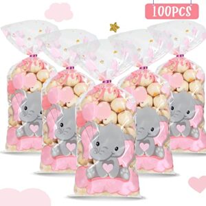 100 Pieces Baby Shower Cellophane Treat Bags Cute Candy Bags Baby Shower Favors Gender Reveal Plastic Goodie Storage Bags with 100 Twist Ties for Baby Shower Birthday Party Supplies (Pink)