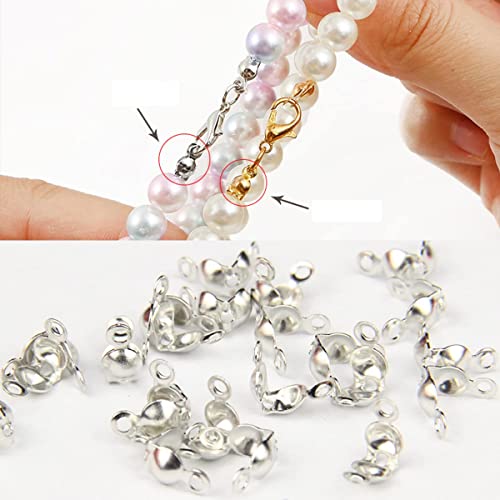 1500 Pieces Beads Tips Knot Covers Clamshell Crimp Tips Beads Set Calotte Ends Knot Covers Fold-Over Bead Covers for Jewelry Making DIY Bracelet Necklaces(Silver)