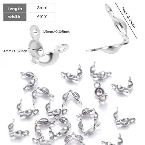 1500 Pieces Beads Tips Knot Covers Clamshell Crimp Tips Beads Set Calotte Ends Knot Covers Fold-Over Bead Covers for Jewelry Making DIY Bracelet Necklaces(Silver)
