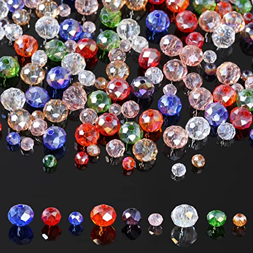 1100PCS Glass Beads for Jewelry Making, Crystal Beads for Bracelets Making 4mm 6mm 8mm Briolette Bead Rondelle Spacer Assorted Colors for Waist Beads Suncatcher Wind Chimes Necklace Earrings Making