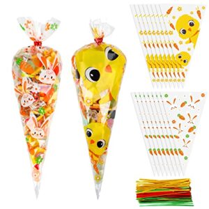 suloli 100pcs easter cone cellophane treat bags, 6.7×11.8 inch triangle goody bags with 120 pcs twist ties 3 mix colors for easter candy popcorn handmade cookies