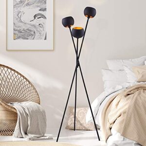 archiology black modern floor lamp ，with 3 matte black globe head and interwining tripod legs-metal tripod floor lamp for mid-century living room and bedroom