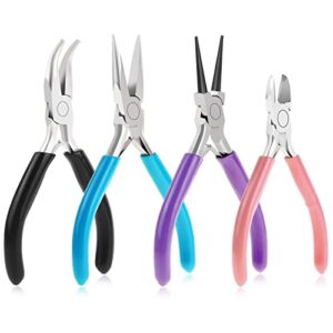 anezus 4pcs jewelry pliers tool set includes needle nose pliers, round nose pliers, wire cutters and bent nose pliers for jewelry beading repair making supplies