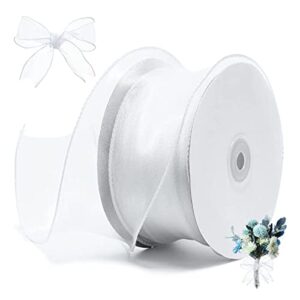 150 ft 50 yards white ribbon organza wired sheer wide chiffon ribbon for wedding gift wrapping and crafts decor (1.5 inch x 50 yards)