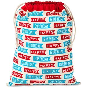 hallmark 19″ large birthday drawstring gift bag (red and blue “happy birthday” flags) for kids, grandchildren, adults, coworkers, friends