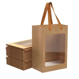 12 pcs brown paper gift bags with transparent window, 9.84″x7.0″x5.12″ kraft shopping bags with handles for present, festivals party