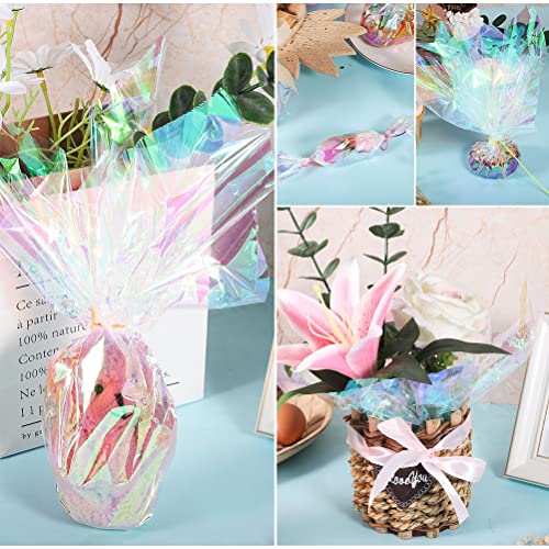 Pengxiaomei 32in x 50 Ft Iridescent Cellophane Wrap for Gift Baskets Flower Wrapping Paper Holographic Cellophane Wrap Roll for Gift Floral Bouquet Wrapping