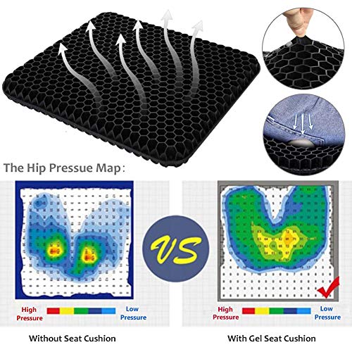 Gel Seat Cushion for Long Sitting, Double Thick Egg Seat Cushion with Non-Slip Cover, Breathable Honeycomb Home Office Chair Pads Wheelchair Cushion for Relieving Back Pain & Sciatica Pain (Black)