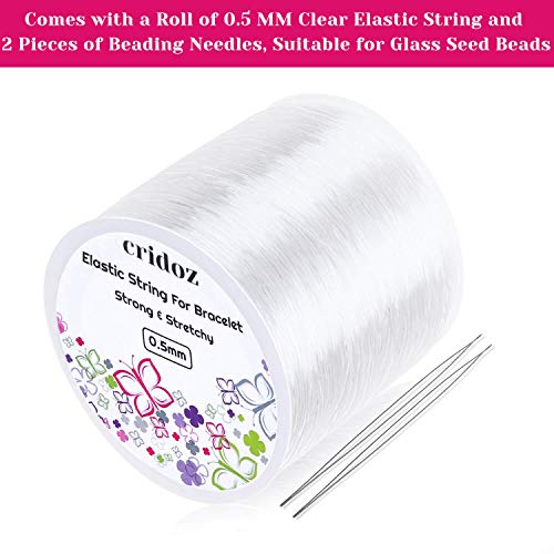 Stretchy String for Bracelets, Cridoz 0.5mm Clear Elastic String Stretch Cord Jewelry Bead Bracelet String with 2 Pcs Beading Needles for Seed Beads, Pony Beads, Bracelets and Jewelry Making