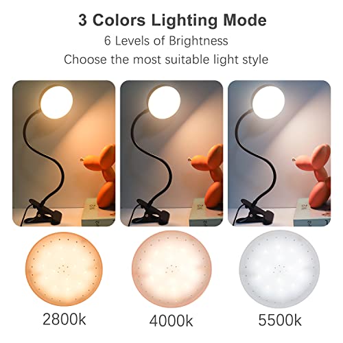 AVEVA Clip on Desk Lamp,96 CRI Eye Protection Book Light,Small Desk Lamp for Dorm,3 Color Modes,Dimmable LED Table Lamp,Black Metal Body 360° Gooseneck Reading Light (Non-Rechargeable )