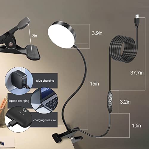 AVEVA Clip on Desk Lamp,96 CRI Eye Protection Book Light,Small Desk Lamp for Dorm,3 Color Modes,Dimmable LED Table Lamp,Black Metal Body 360° Gooseneck Reading Light (Non-Rechargeable )