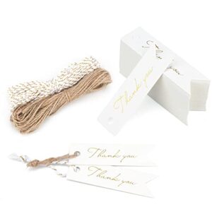 100pcs mini thank you gift tags with string, high-end white paper gold word hang tags with jute twine and cotton gold twine for arts and crafts, weddingholiday, thanksgiving, birthday (2.75”x0.75”)