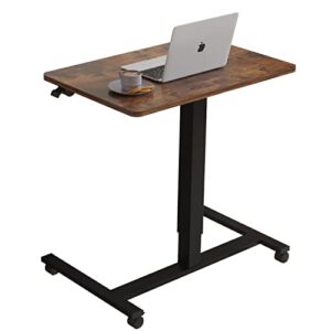 mobile standing desk height adjustable sit to stand table, 28 x 20” pneumatic laptop desk with gas spring riser, overbed table with lockable wheels for offices, home, medical (rustic brown)