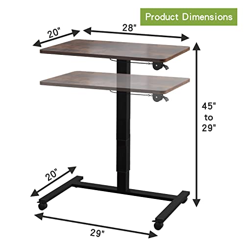 Mobile Standing Desk Height Adjustable Sit to Stand Table, 28 x 20'' Pneumatic Laptop Desk with Gas Spring Riser, Overbed Table with Lockable Wheels for Offices, Home, Medical (Rustic Brown)