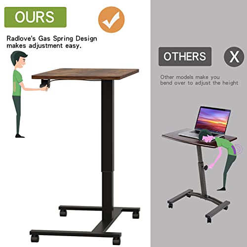 Mobile Standing Desk Height Adjustable Sit to Stand Table, 28 x 20'' Pneumatic Laptop Desk with Gas Spring Riser, Overbed Table with Lockable Wheels for Offices, Home, Medical (Rustic Brown)