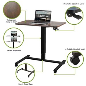 Mobile Standing Desk Height Adjustable Sit to Stand Table, 28 x 20'' Pneumatic Laptop Desk with Gas Spring Riser, Overbed Table with Lockable Wheels for Offices, Home, Medical (Rustic Brown)