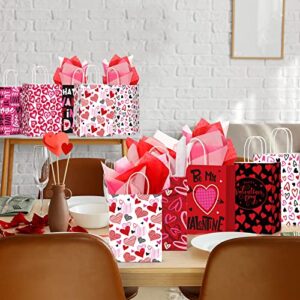 32 Pcs Valentines Day Gift Bags Valentines Kraft Paper Bags with Tissue Paper Heart Shaped Treat Goodies Bag for Wedding Valentines Party Gift Giving Kids Classroom Exchange Prizes, 8.7 x 6.3 x 3 inch