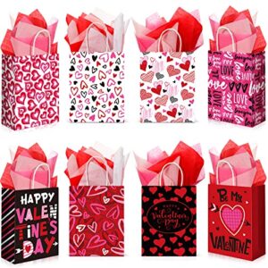32 pcs valentines day gift bags valentines kraft paper bags with tissue paper heart shaped treat goodies bag for wedding valentines party gift giving kids classroom exchange prizes, 8.7 x 6.3 x 3 inch