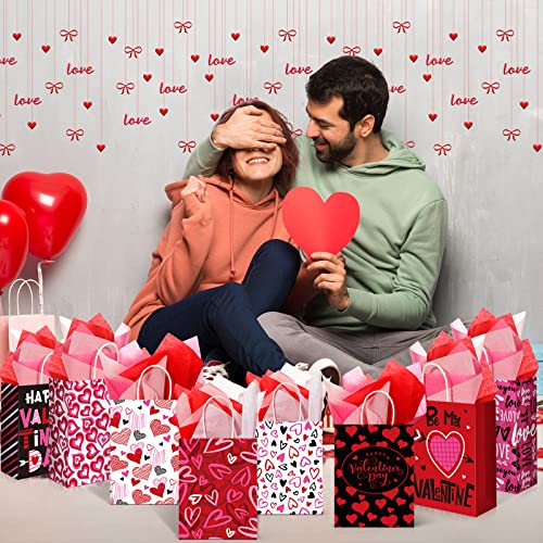 32 Pcs Valentines Day Gift Bags Valentines Kraft Paper Bags with Tissue Paper Heart Shaped Treat Goodies Bag for Wedding Valentines Party Gift Giving Kids Classroom Exchange Prizes, 8.7 x 6.3 x 3 inch