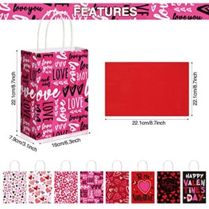 32 Pcs Valentines Day Gift Bags Valentines Kraft Paper Bags with Tissue Paper Heart Shaped Treat Goodies Bag for Wedding Valentines Party Gift Giving Kids Classroom Exchange Prizes, 8.7 x 6.3 x 3 inch
