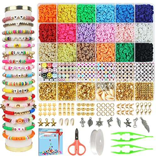 Redtwo 5100 Clay Beads Bracelet Making Kit, Preppy Spacer Flat Beads for Jewelry Making,Polymer Heishi Beads with Charms and Elastic Strings Gifts for Teen Girls Crafts for Girls Ages 8-12