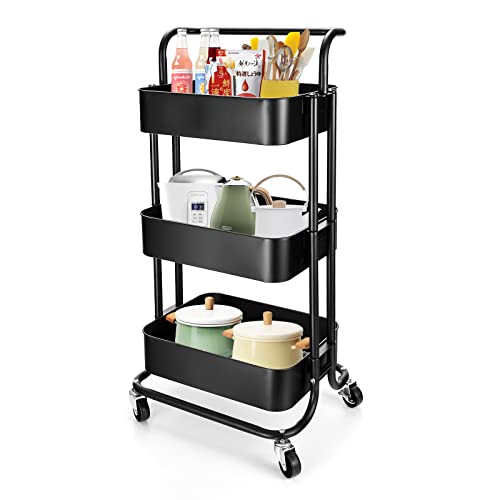 GSEEY 3 Tier Rolling Cart,Black Metal Storage Organizer Utility Cart on Lockable Wheels, for Kitchen,Bathroom,Office,Living Room (Black)