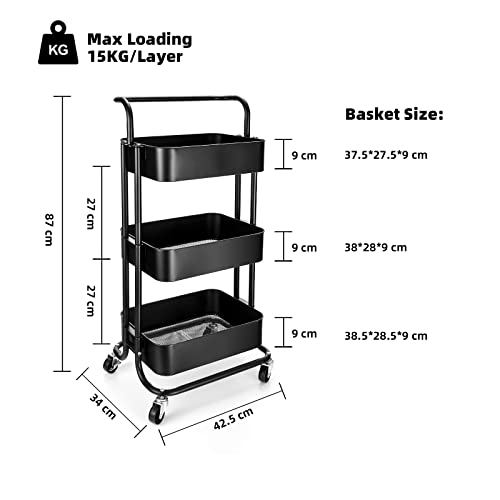 GSEEY 3 Tier Rolling Cart,Black Metal Storage Organizer Utility Cart on Lockable Wheels, for Kitchen,Bathroom,Office,Living Room (Black)