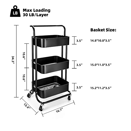 GSEEY 3 Tier Rolling Cart,Black Metal Storage Organizer Utility Cart on Lockable Wheels, for Kitchen,Bathroom,Office,Living Room (Black)