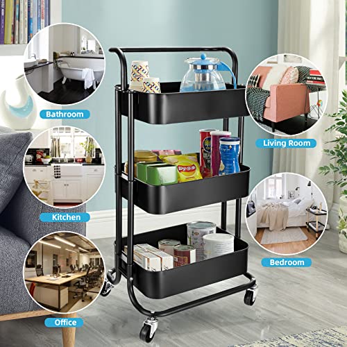 GSEEY 3 Tier Rolling Cart,Black Metal Storage Organizer Utility Cart on Lockable Wheels, for Kitchen,Bathroom,Office,Living Room (Black)