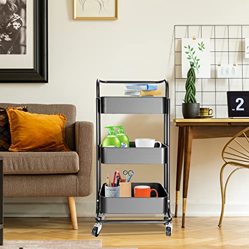 GSEEY 3 Tier Rolling Cart,Black Metal Storage Organizer Utility Cart on Lockable Wheels, for Kitchen,Bathroom,Office,Living Room (Black)