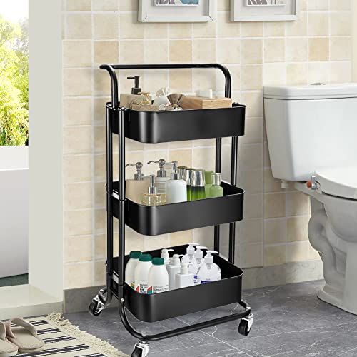 GSEEY 3 Tier Rolling Cart,Black Metal Storage Organizer Utility Cart on Lockable Wheels, for Kitchen,Bathroom,Office,Living Room (Black)