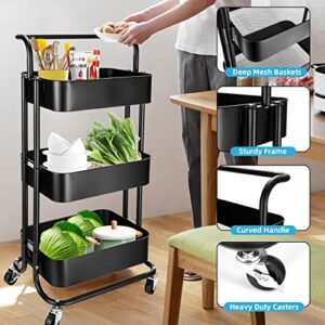 GSEEY 3 Tier Rolling Cart,Black Metal Storage Organizer Utility Cart on Lockable Wheels, for Kitchen,Bathroom,Office,Living Room (Black)