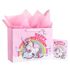 wrapaholic 16″ extra large birthday gift bag with card and tissue paper – fantacy unicorn happy birthday
