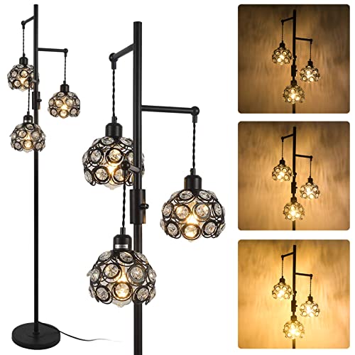 Stepeak Dimmable Crystal Floor Lamp, Industrial Farmhouse Floor Lamps for Living Room, 3-Light Black Standing Lamp for Bedroom, Modern Floor Lamp with 3 Lampshades, Rustic Tall Tree Lamp, 64inch, E26