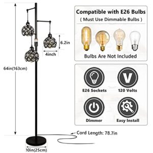 Stepeak Dimmable Crystal Floor Lamp, Industrial Farmhouse Floor Lamps for Living Room, 3-Light Black Standing Lamp for Bedroom, Modern Floor Lamp with 3 Lampshades, Rustic Tall Tree Lamp, 64inch, E26