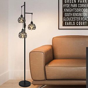 Stepeak Dimmable Crystal Floor Lamp, Industrial Farmhouse Floor Lamps for Living Room, 3-Light Black Standing Lamp for Bedroom, Modern Floor Lamp with 3 Lampshades, Rustic Tall Tree Lamp, 64inch, E26