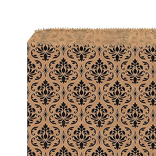 Mooca 200 pcs Damask Paper Gift Bags Shopping Sales Printed Bags Paper Bags Packaging Bags Candy Bags Popcorn Bags Cookie Bags Treat Bags Bags for Packaging, 4''W x 6''H, Brown with Black Damask