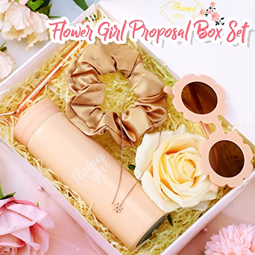 Hanaive 6 Pcs Flower Girl Gifts Flower Girl Proposal Box Set Necklace Round Flower Glasses Water Bottle Diamond Pen Hair Scrunchies Will You Be My Flower Girl Box for Wedding (Pink, Bright Style)
