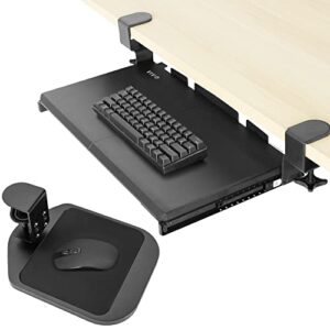 vivo small keyboard tray and mouse pad combo, sturdy c clamp mount system, wooden rotating computer mouse pad and device holder for desk, easy slide out drawer for typing, mount-kb05ms