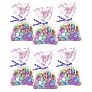 morepack easter iridescent holographic cellophane treat bags,4×6 inch party favor cookie bags with 5 colors twist ties for baby showers weddings birthday party,100pcs